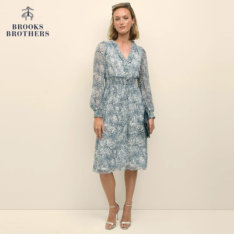 Brooks Brothers/布克兄弟女士25春夏新水墨波点木耳边长袖连衣裙