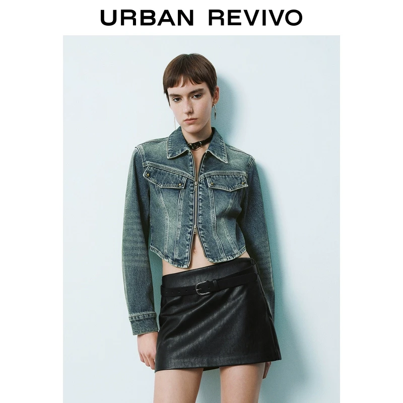 UR2025春季新款女装欧若风复古双拉链收腰短款牛仔衬衫UYV850016