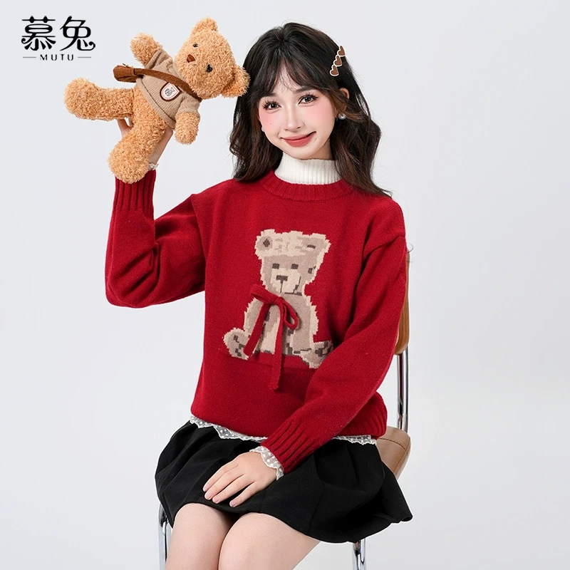 （小铃铛）TU23276圣诞氛围感小熊蝴蝶结毛衣慵懒风软糯针织上衣