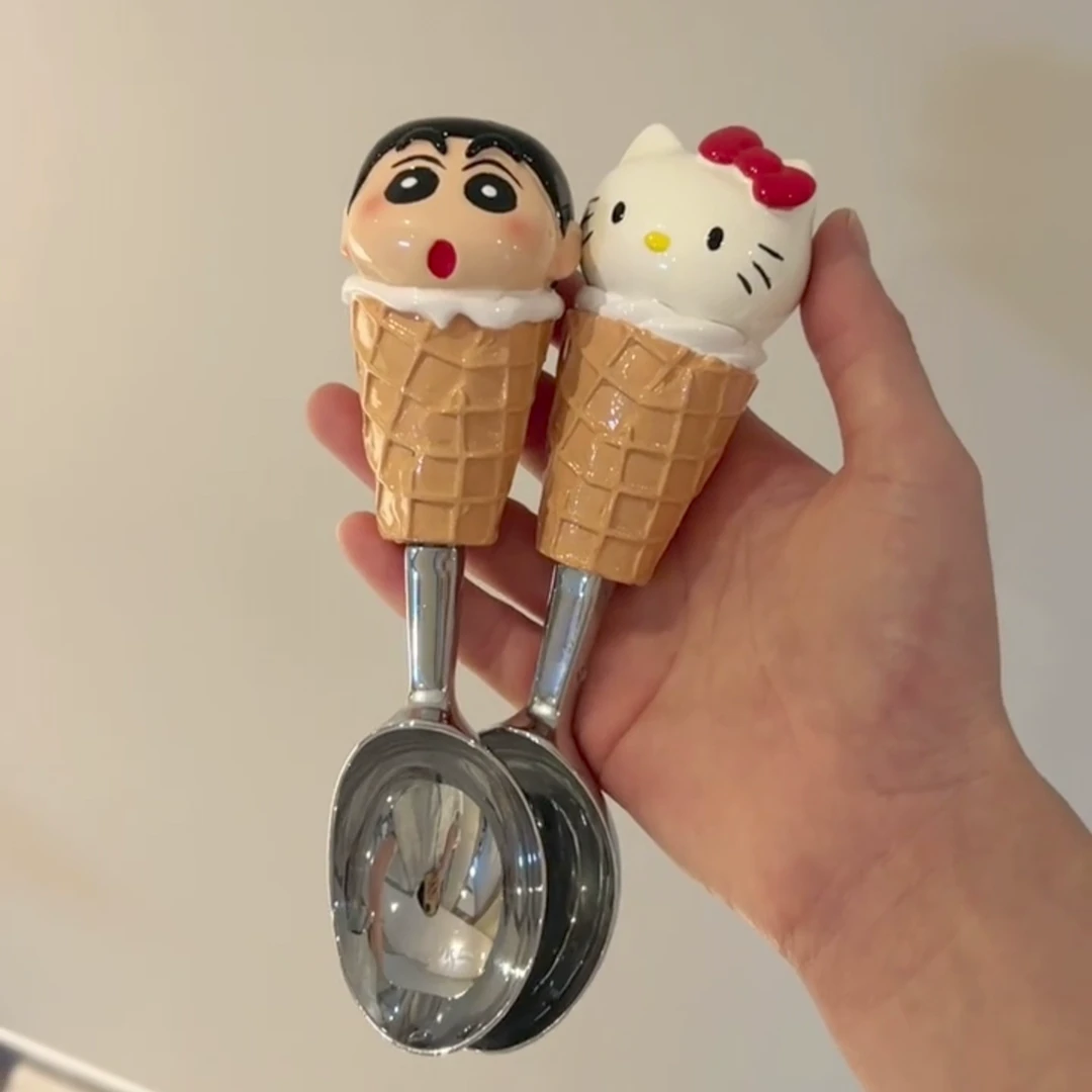 蜡笔小新冰淇淋勺子高颜值家用不锈钢儿童餐具可爱甜品西瓜挖球器