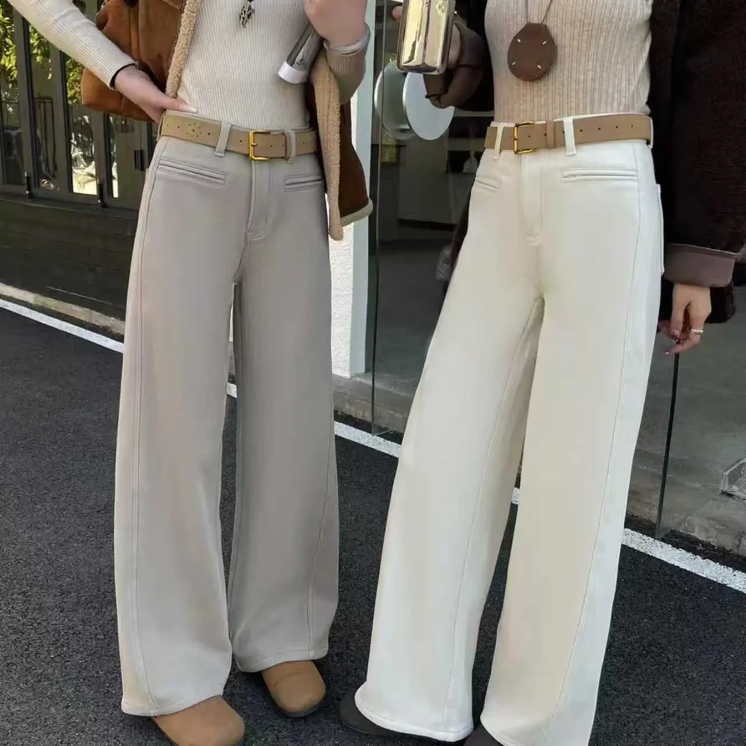 秋冬新款加绒高腰直筒阔腿牛仔裤女款显瘦又百搭