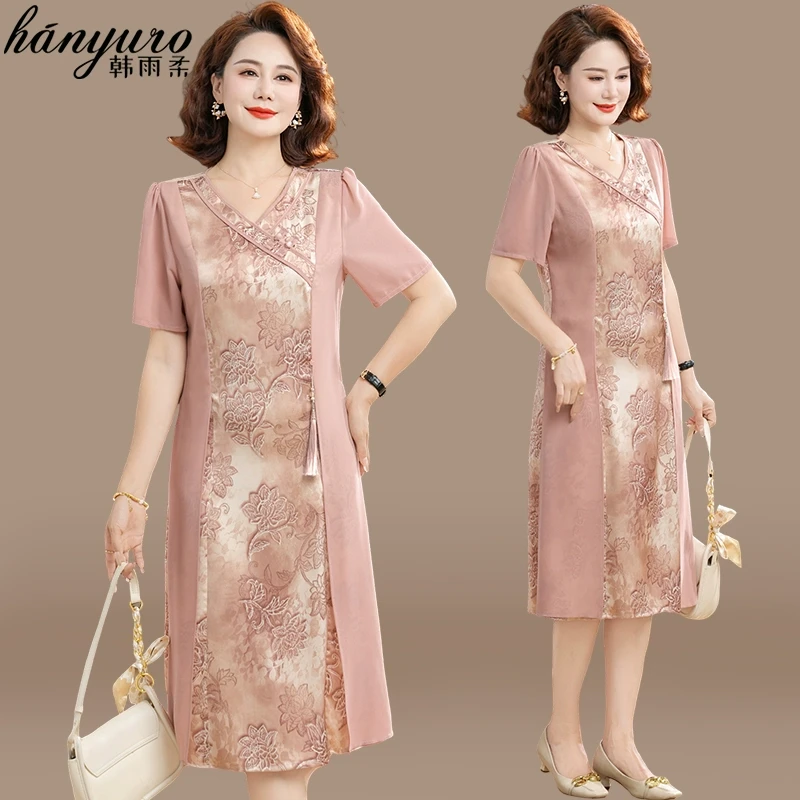 新中式妈妈连衣裙夏装新款国风中老年女装夏季改良旗袍雪纺长裙子
