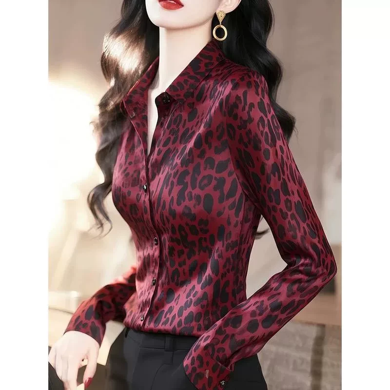 法式时尚洋气红色豹纹衬衫女2025年春季新款设计感小众翻领上衣潮