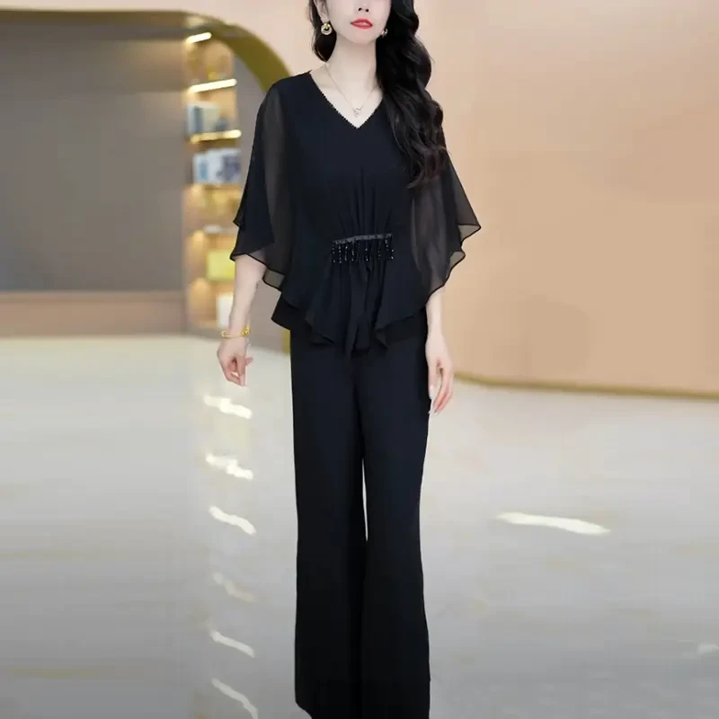 冰丝短袖时尚套装2025夏季新款黑色显瘦气质百搭减龄高级感两件套