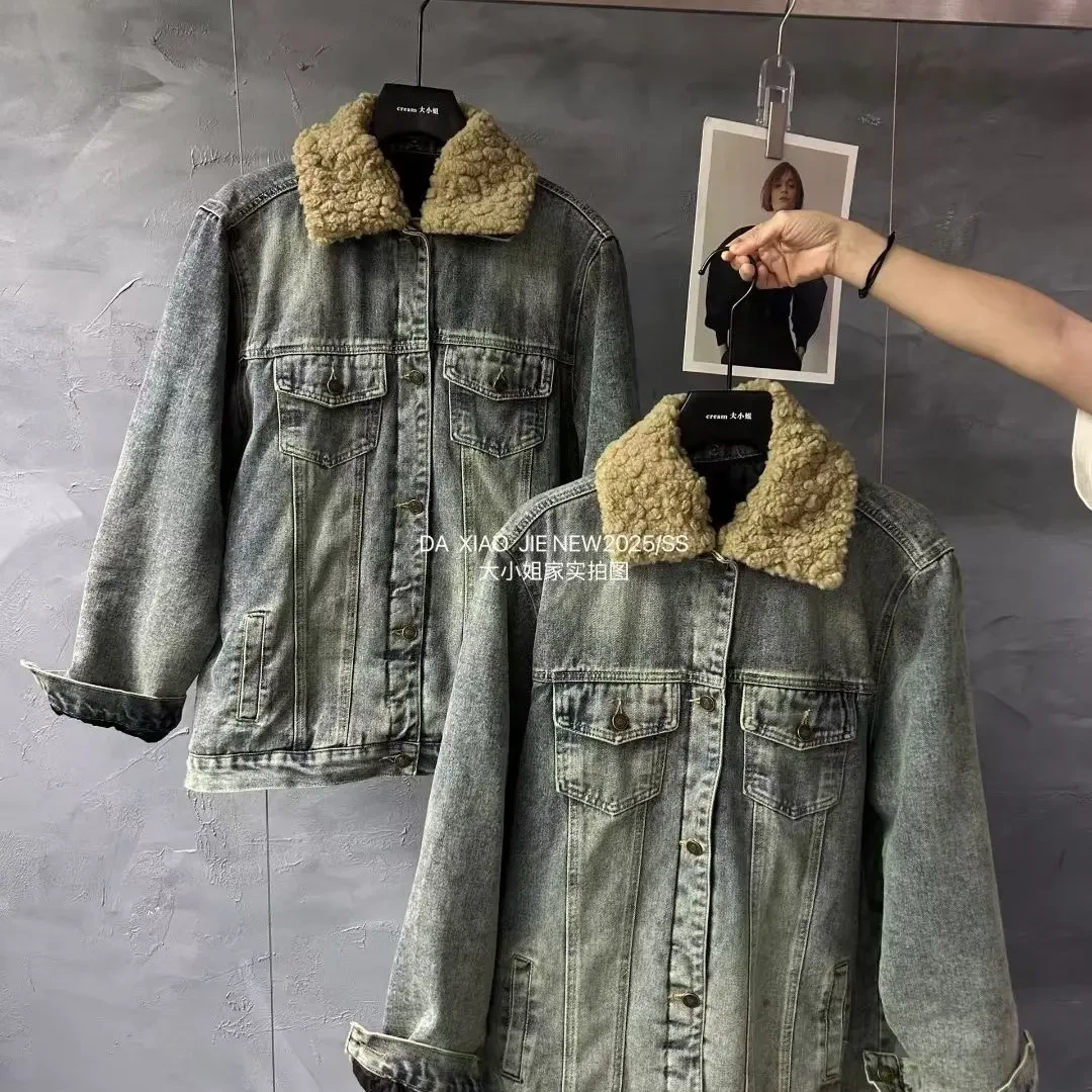 男女同款经典翻领加棉加厚牛仔外套冬季新款百搭棉衣