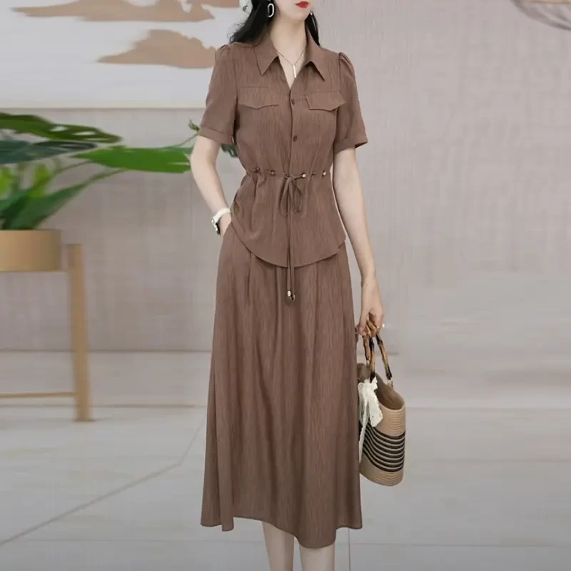 冰竹丝时尚复古套裙2025夏季新款洋气休闲宽松遮肉两件套连衣裙子