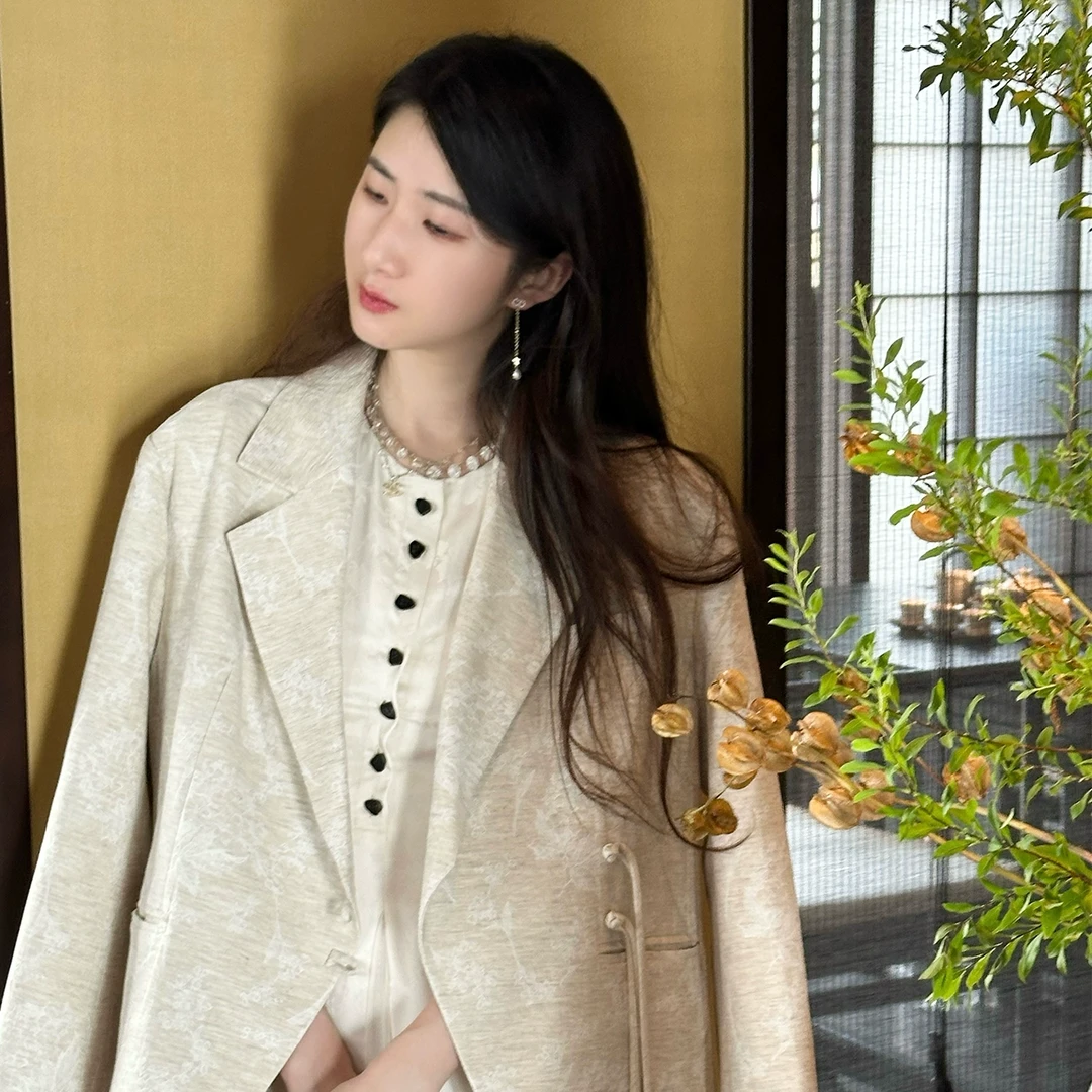 4折Howalook 新古典主义 蕾丝提花西装暗纹盘扣流苏新中式