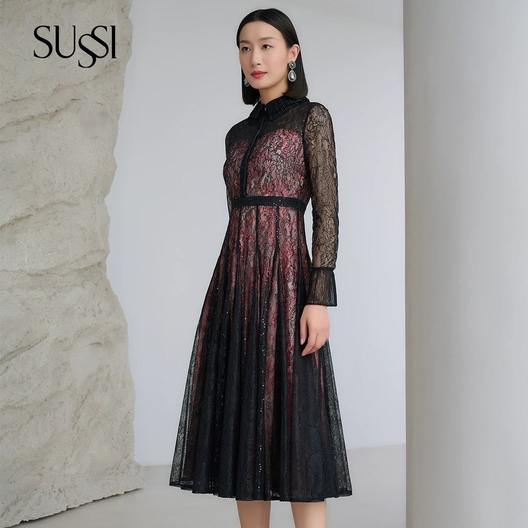 SUSSI/古色秋冬商场同款敦煌系列黑色复古蕾丝中长款连衣裙女