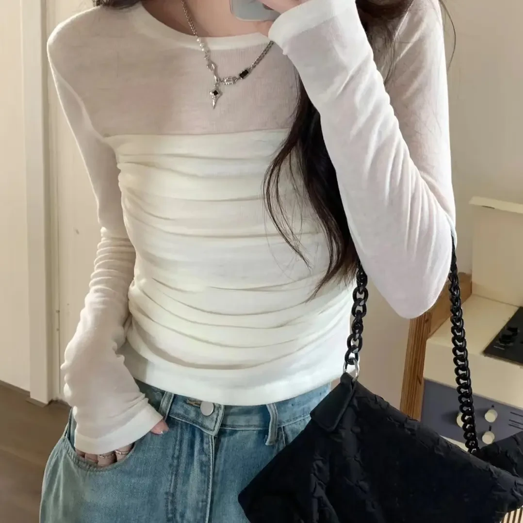 圆领常规款洋气紧身长袖微透薄款2025短款褶皱T恤ins
