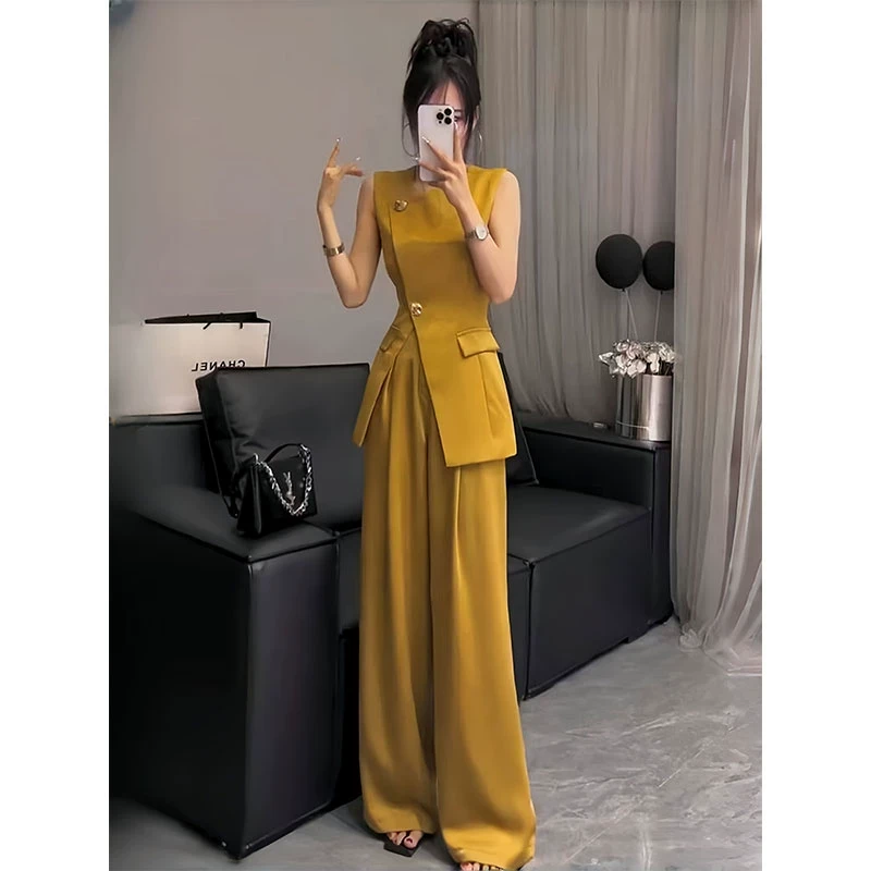 装2025新款不规则无袖上衣显瘦阔腿裤两件套