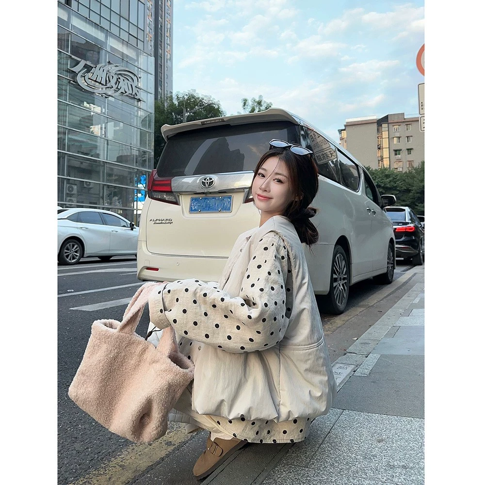 日系复古波点棉衣棉服女冬季新款子百搭轻薄夹棉外套休闲棉袄宽松