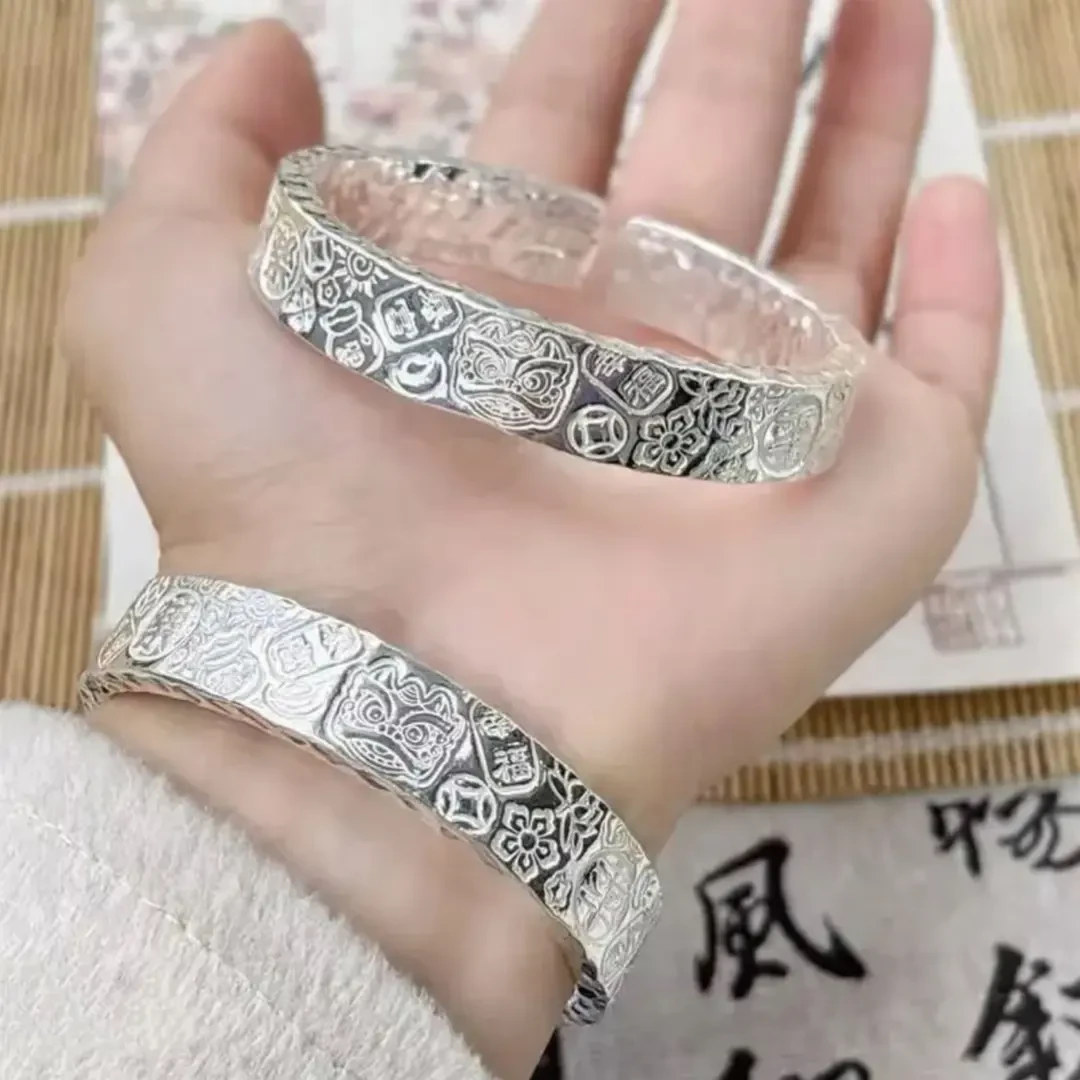 足银手镯 三面吉言纯银手镯男女实心开口纯手工招财猫999.9银镯子