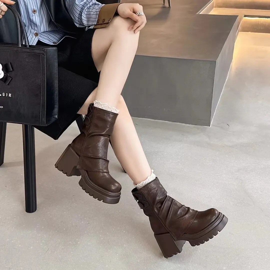 美拉德厚底粗跟马丁靴网红防水台短筒裤管靴黑色皮靴瘦瘦靴97-62