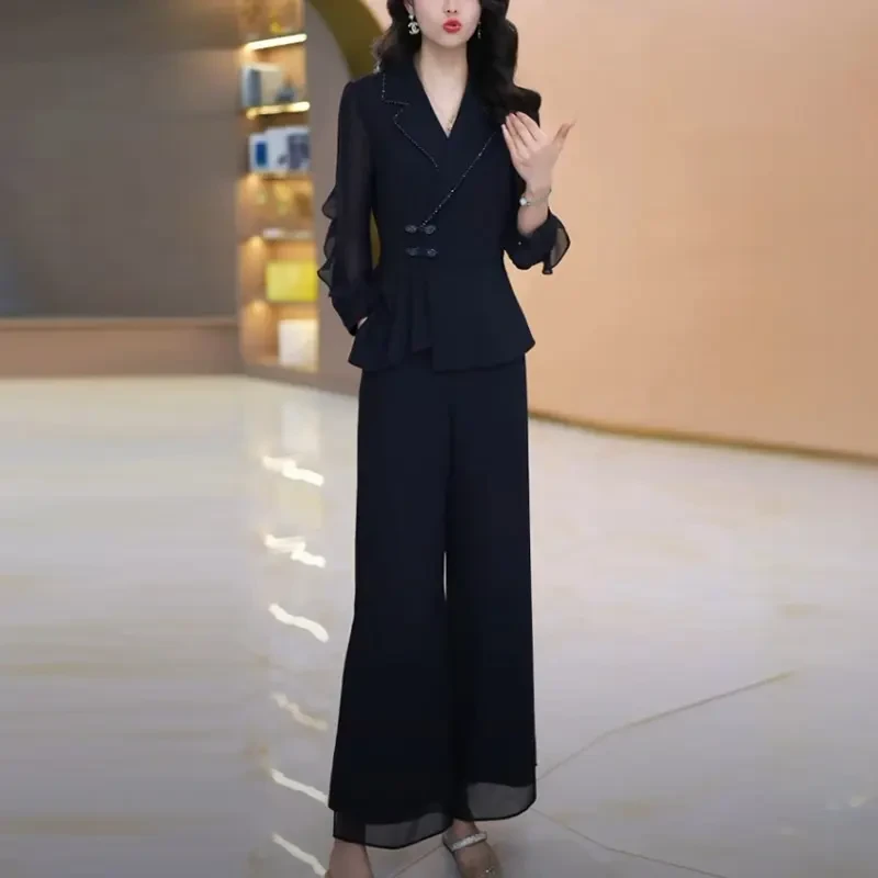 新中式国风拼接小衫阔腿裤两件套2025春季新款时尚洋气职业套装潮
