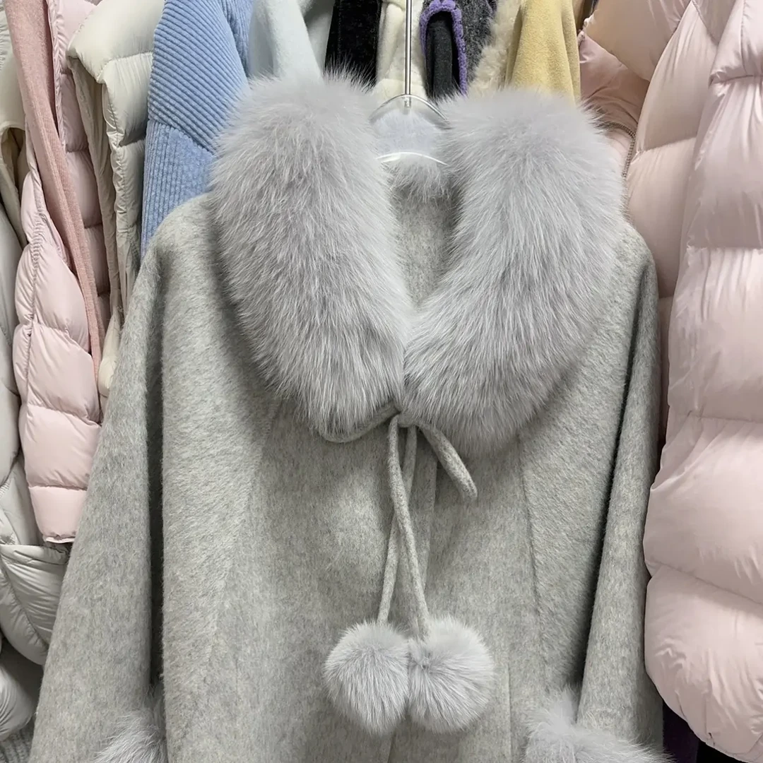 秋冬新款领袖口带毛毛球双面手工女款斗篷大衣