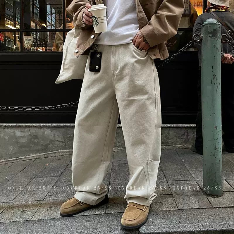 OXFREAK 「13OZ 高端原牛」重磅米色牛仔裤男直筒宽松弯刀裤春季