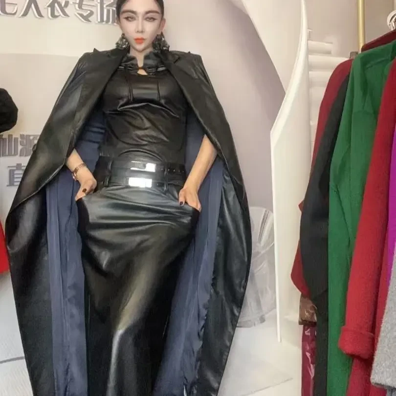 风衣气质修身暗黑风弹力皮新中式改良旗袍时尚女装