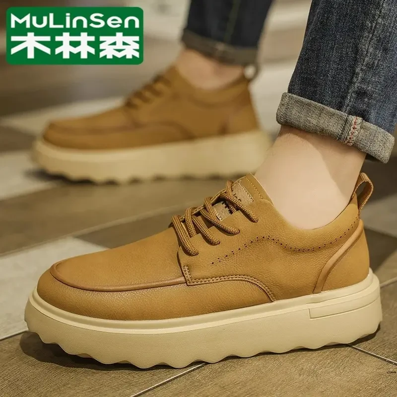 木林森男鞋秋冬英伦复古棕色休闲皮鞋高级感商务工装厚底增高板鞋