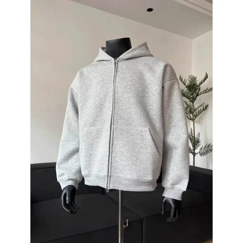 cleanfit灰色双拉链开衫连帽卫衣男春秋季美式潮牌慵懒风百搭外套