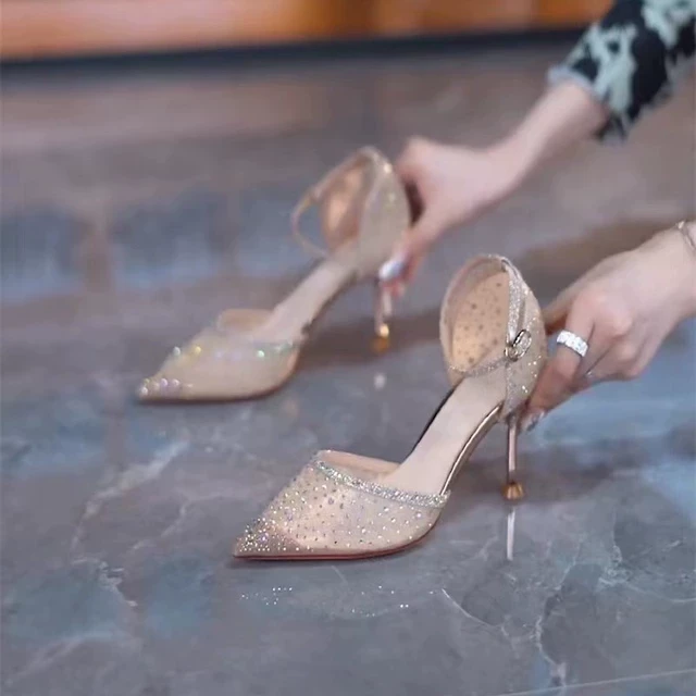 尖头水钻细跟中空网纱鞋女2025年夏季新款一字带高跟包头时尚凉鞋