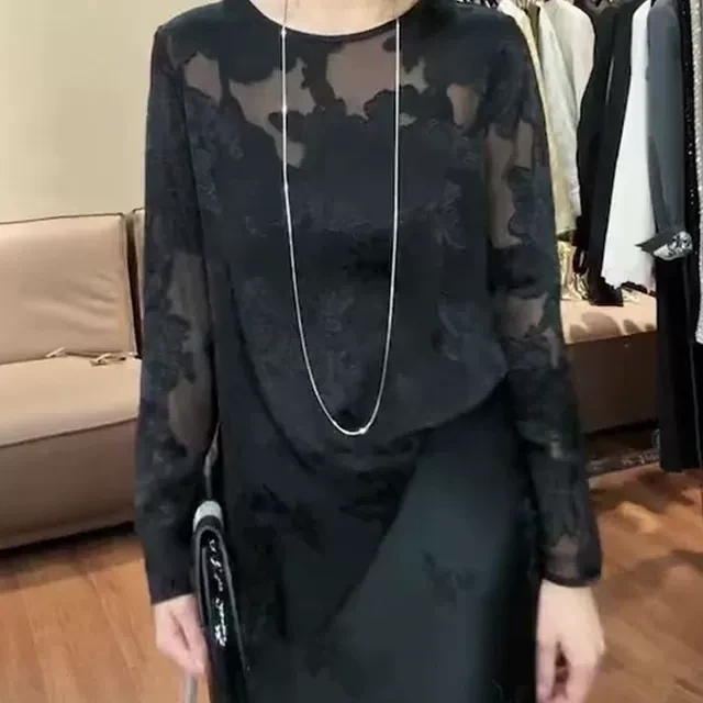 黑色高端奢华国风圆领提花衬衫女2025春夏洋气独特别致宽松上衣潮