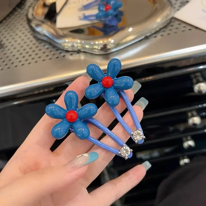 高级感百搭韩系蓝色花朵水钻发夹女边夹侧边碎发刘海鸭嘴夹子夹子