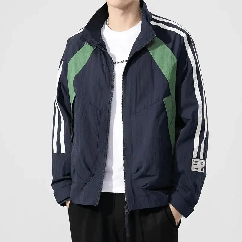 美式痞帅男装拼接外套男2025春秋新款立领休闲时尚潮流夹克上衣服