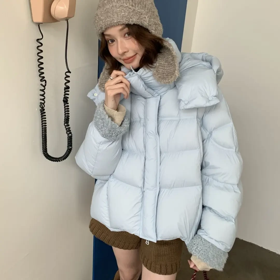 819新国标白鸭绒冬季连帽宽松短款加厚保暖韩系羊羔毛袖口面包服