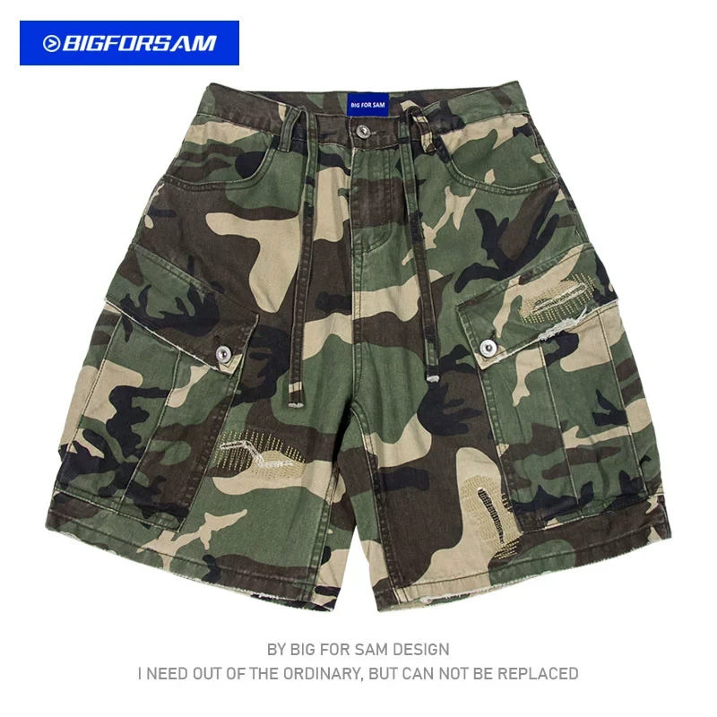 BIGFORSAM美式重磅做旧口袋破坏迷彩工装短裤男复古宽松五分裤潮