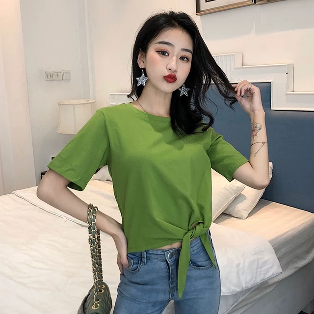 牛油果绿短款t恤女短袖2023年新款棉宽松高腰露脐上衣打结半袖
