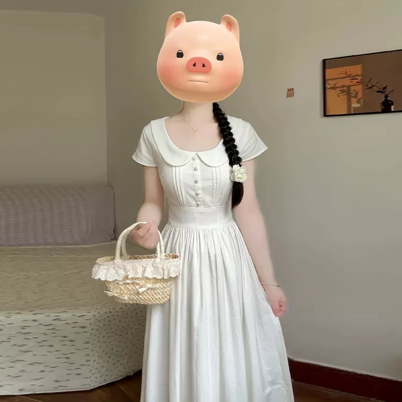 2025新款法式温柔风白色娃娃领连衣裙子女夏季高级感气质收腰长裙