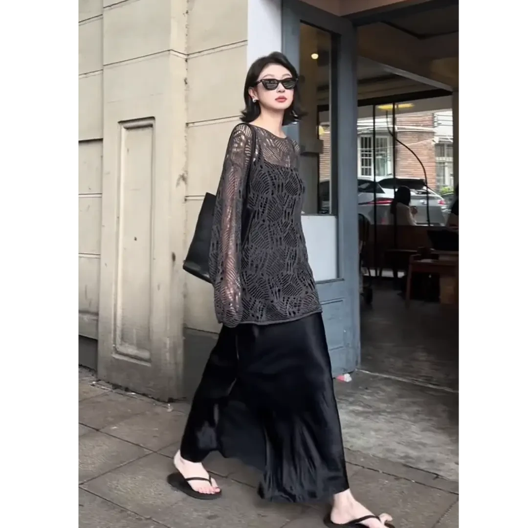 洋气衣服女高冷女神范慵懒风镂空防晒罩衫女时尚包臀鱼尾裙两件套