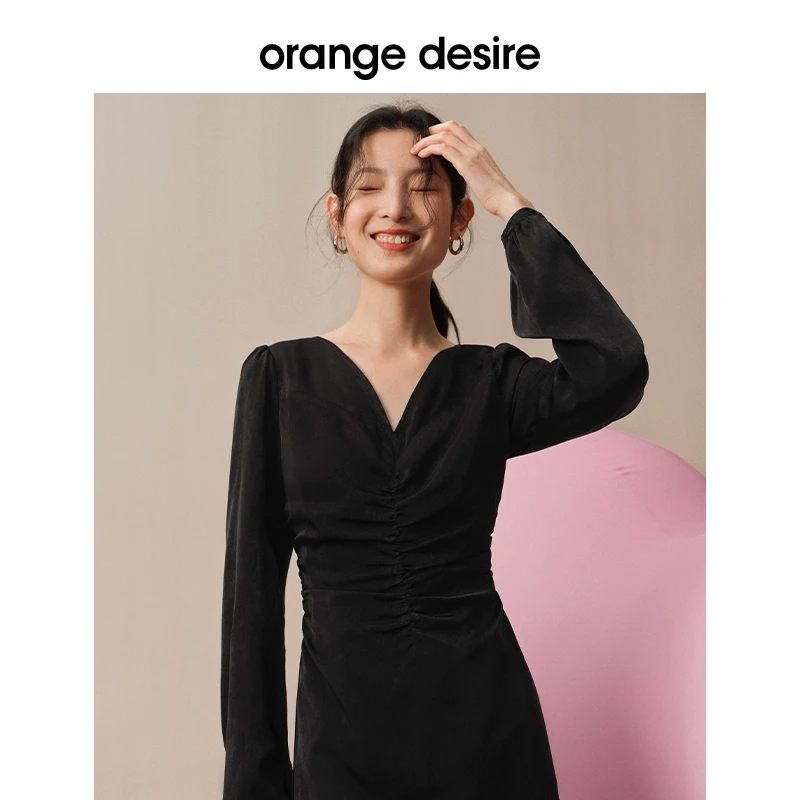 orange desire气质收腰长袖连衣裙春季优雅小黑裙A字裙OD2CAL0082