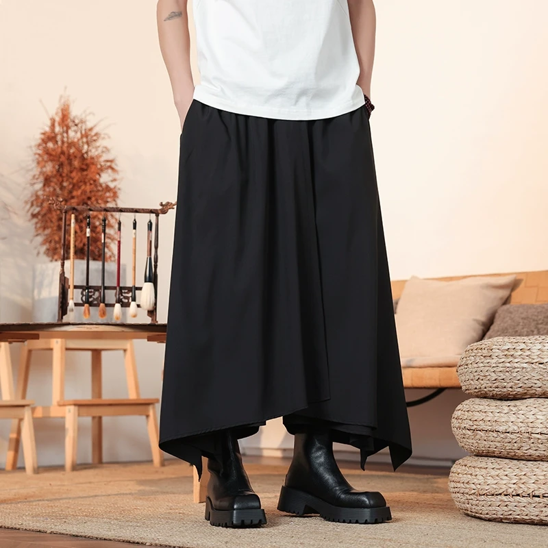 中国风汉服裙裤男士不规则叠层设计感假两件阔腿裤宽松垂感剑道裤