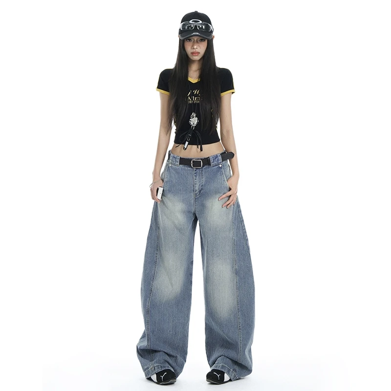 美式复古弯刀阔腿牛仔裤女2025春季新款梨形身材直筒镰刀裤子