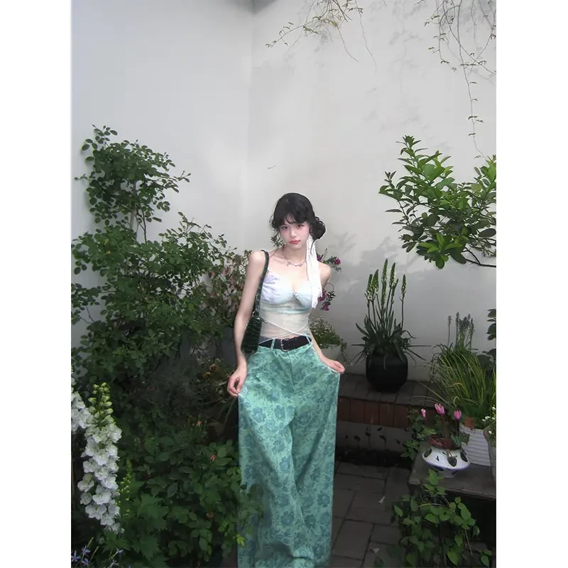 性感纯欲网纱吊带外穿短款上衣背心绿色印花直筒阔腿裤时髦长裤女