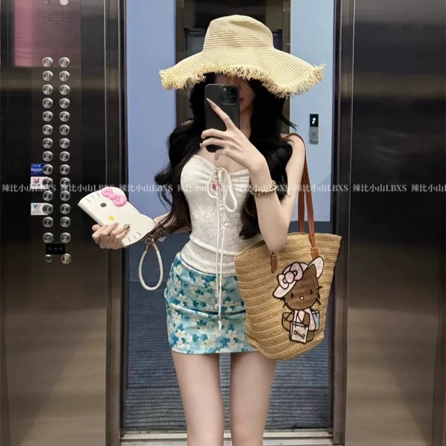 海边度假风甜辣妹系带抹胸背心女夏季高腰印花包臀半身短裙两件套