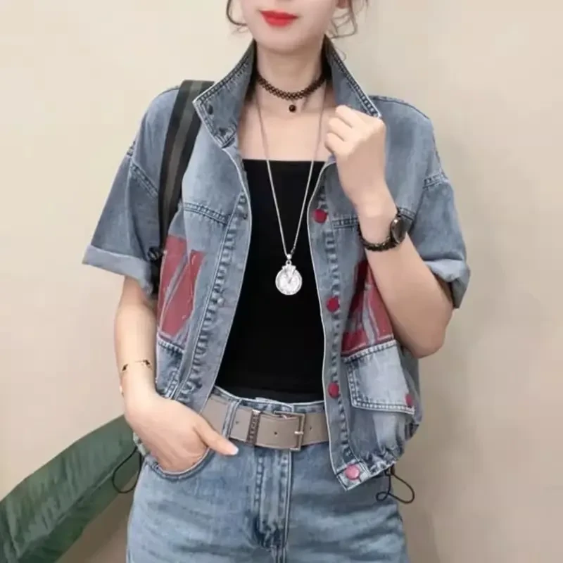字母印花短袖牛仔短外套女2025夏季新款韩版时尚潮流抽绳百搭上衣