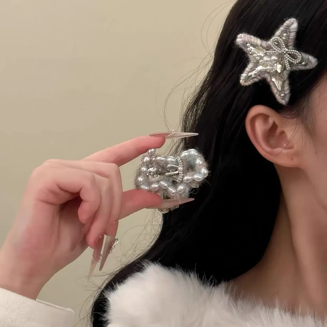 韩系闪钻珍珠毛线发夹发饰高级感发卡侧边前额刘海夹发饰