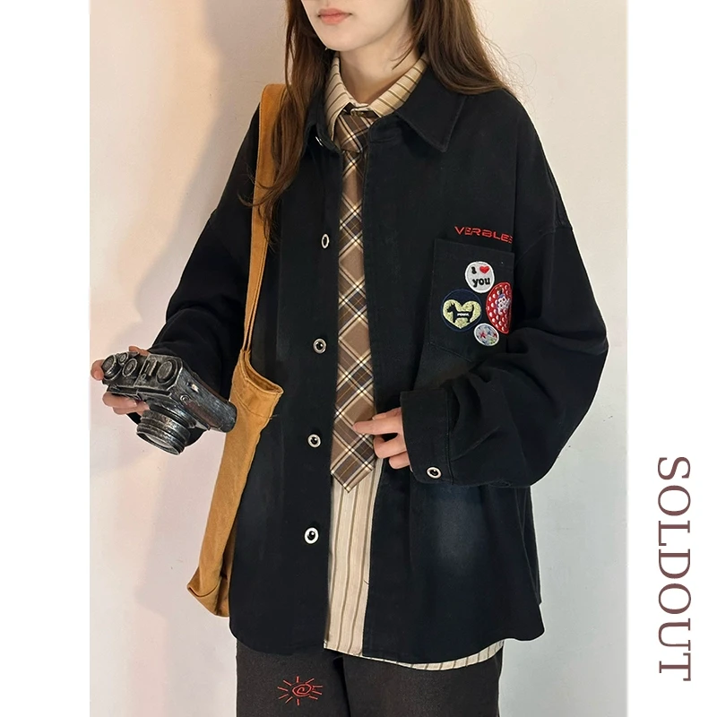 SOLDOUT原创美式复古刺绣洗水牛仔长袖衬衫男女春季新款宽松上衣