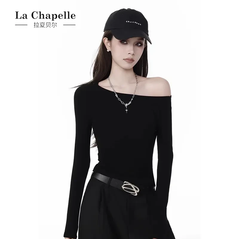 拉夏贝尔拉夏贝尔黑色一字肩长袖t恤2025早秋季新款辣妹风韩版设