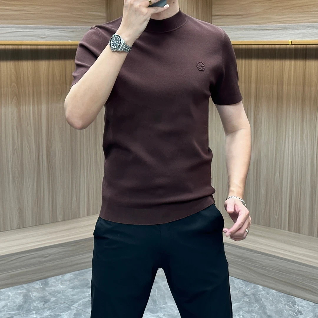 秋冬男士毛衣打底针织衫简约纯色高品质商务潮流圆领短袖毛衣修身