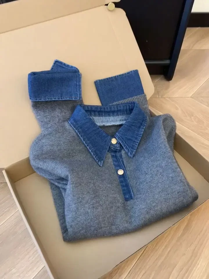 韩系氛围感灰色拼牛仔边翻领金扣毛衣秋季新款软糯百搭单穿针织衫