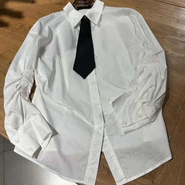 宇姐精选 1120b 蒂言白色领带尖领长袖衬衫OL职场通勤气质上衣女