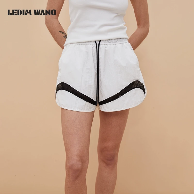 1LEDIM WANG网眼黑白撞色休闲裤女侧开叉运动风松紧宽松直筒短裤