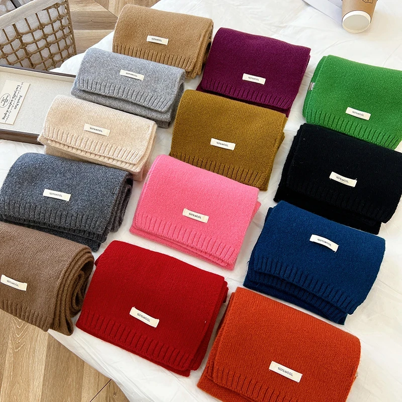 100%羊毛围巾澳洲全羊毛围巾冬季加厚保暖针织围巾红色米纯色围脖