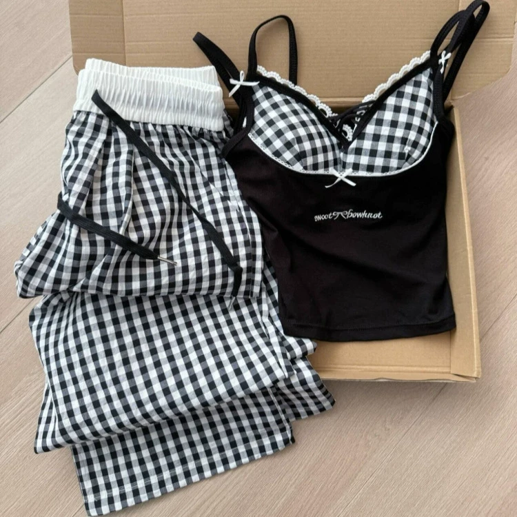 辣妹格纹拼接带胸垫吊带睡衣女款夏季设计感纯欲家居服套装可外穿