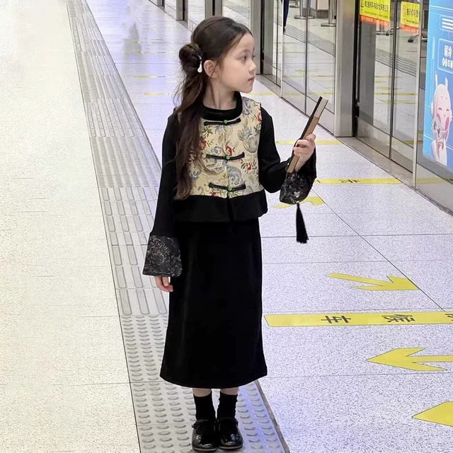 女童裙子春秋款2025新款儿童新中式旗袍套装中国风三件套大童春装