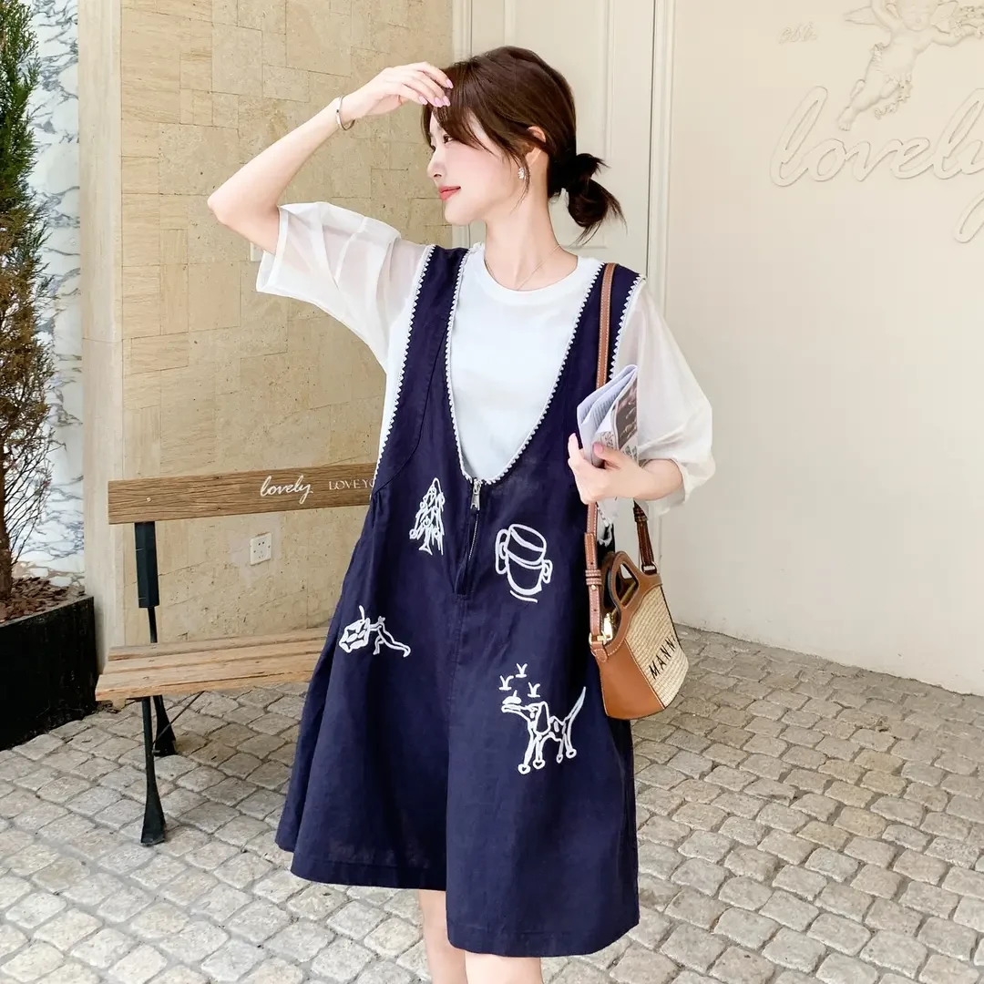 2025年夏季设计感刺绣背带裤套装女小个子韩系穿搭休闲减龄两件套