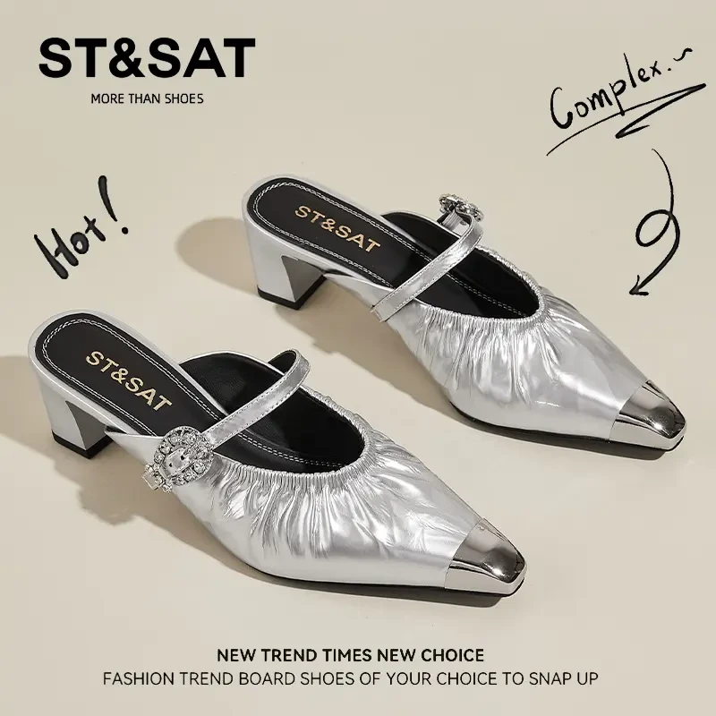 星期六气质褶皱包头凉拖鞋女秋季真皮半拖玛丽珍鞋时尚高跟穆勒鞋